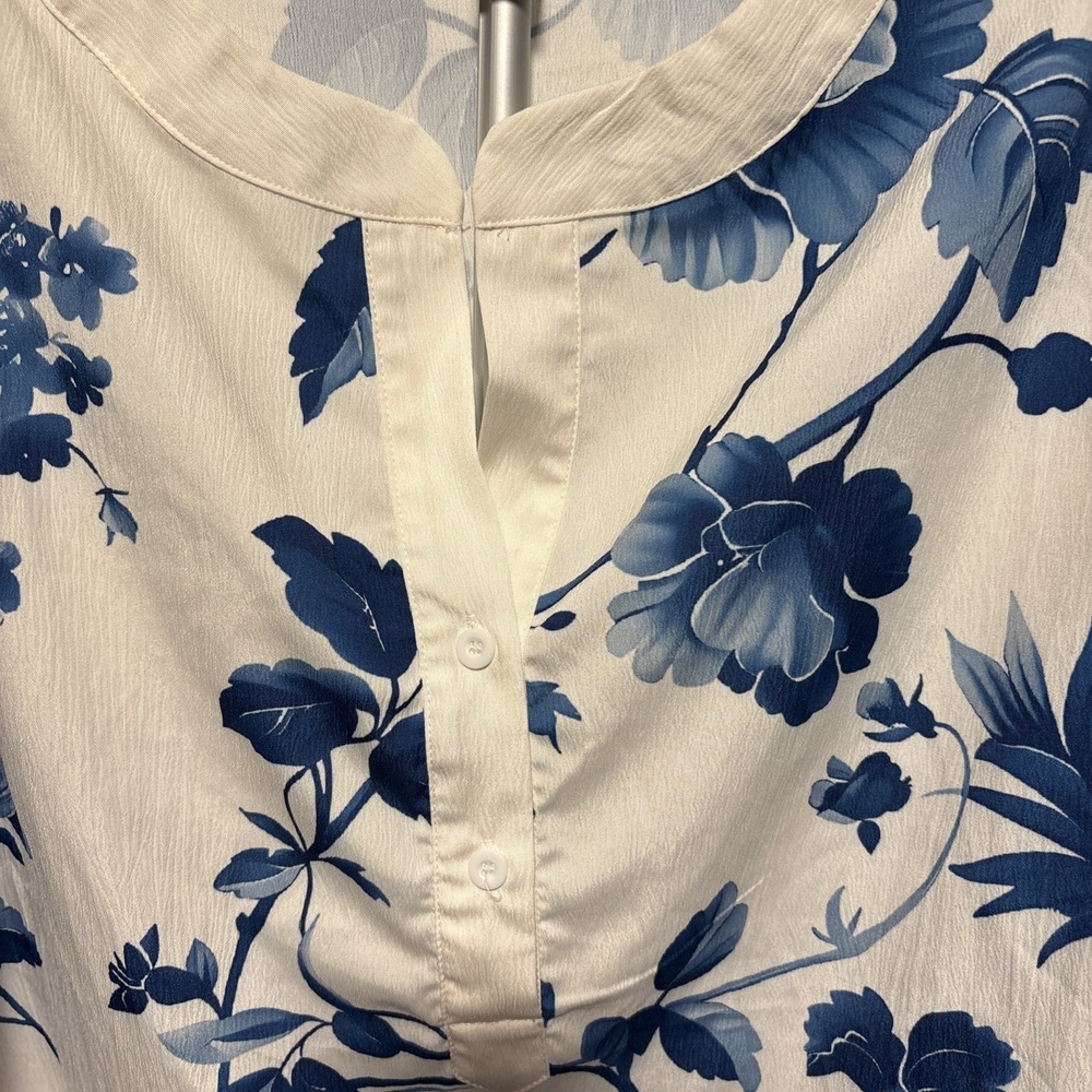 Okamen   Floral Print Smocked Top Blouse Size 3xl white/Blue 3/4 lotus sleeves - Picture 5 of 8